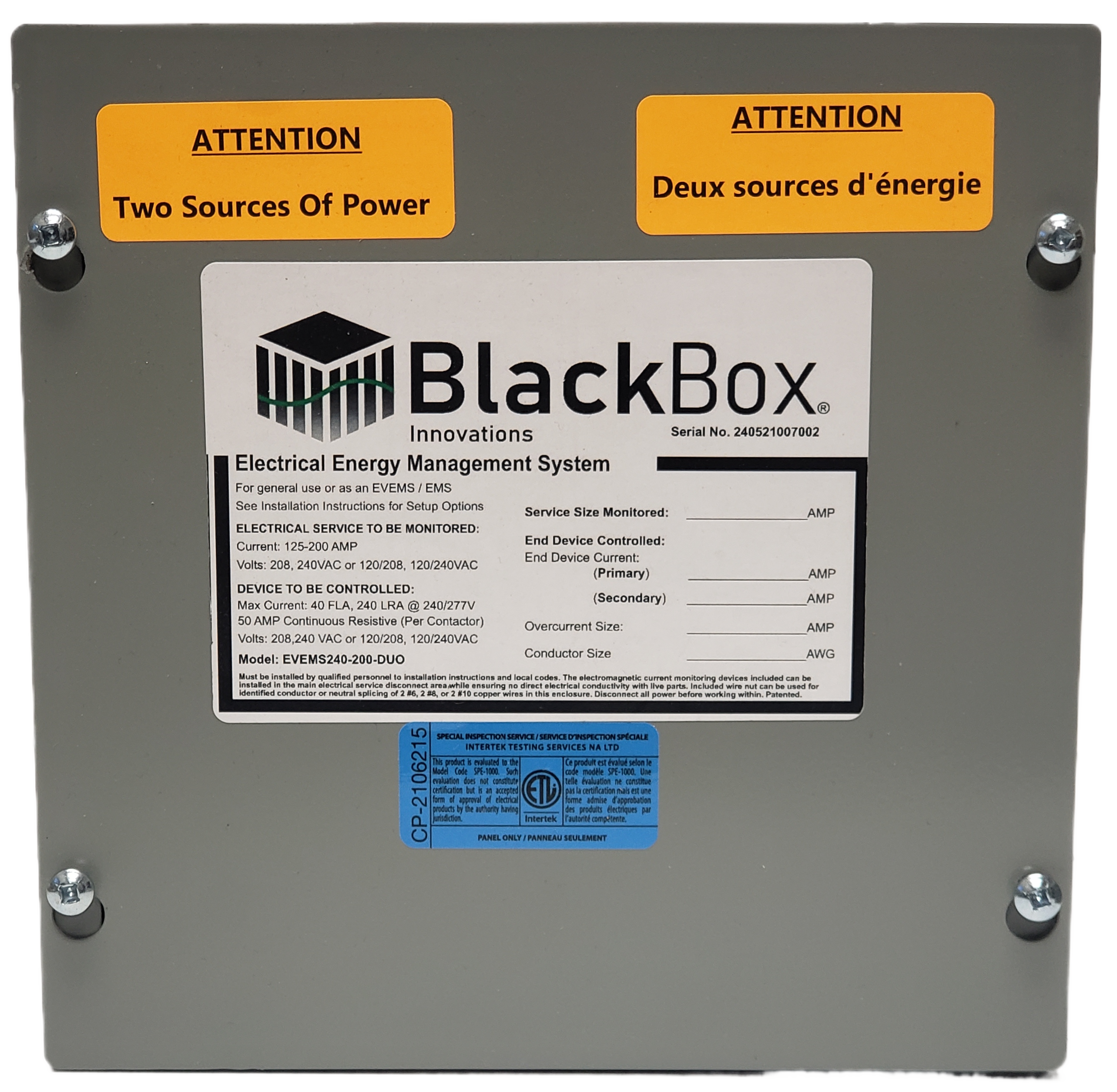 Dual Energy Manager for Service Sizes 125A - 200A, and up to TWO End Devices