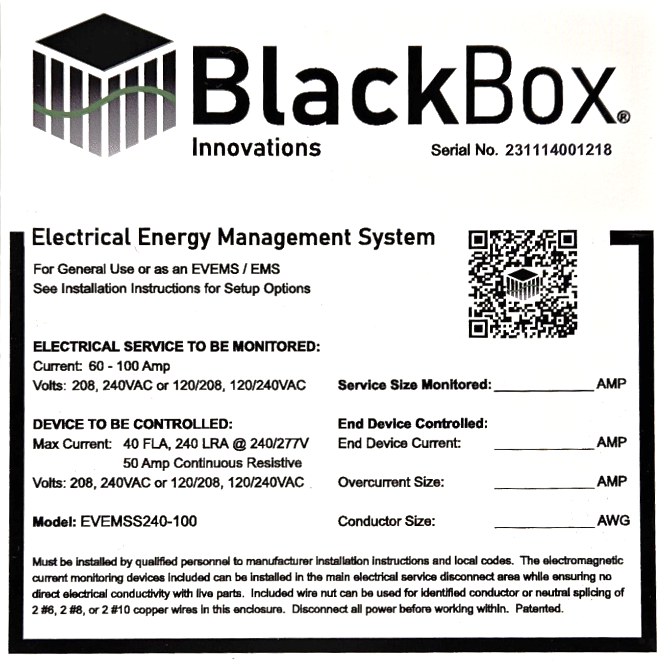 Electric Vehicle Energy Manager for Service Sizes 60 - 100A and up to a 60A Charger or End Device